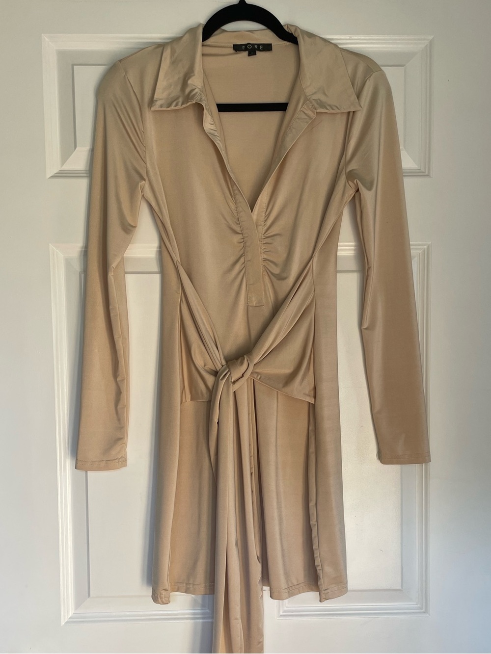FORE Beige Long-Sleeve Tie-Front Shirt Dress